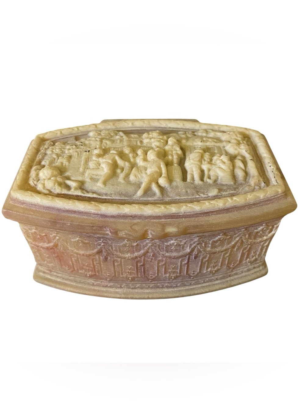 Vintage Incolay Stone Trinket Jewelry Box Hinged Pink Handcrafted Village People